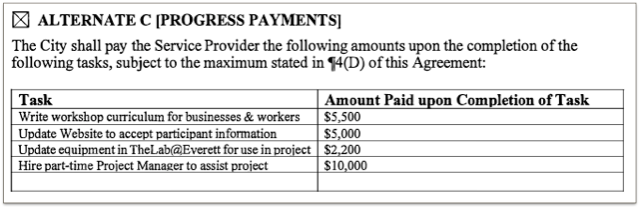 A table showing the rates the city must pay the service provider