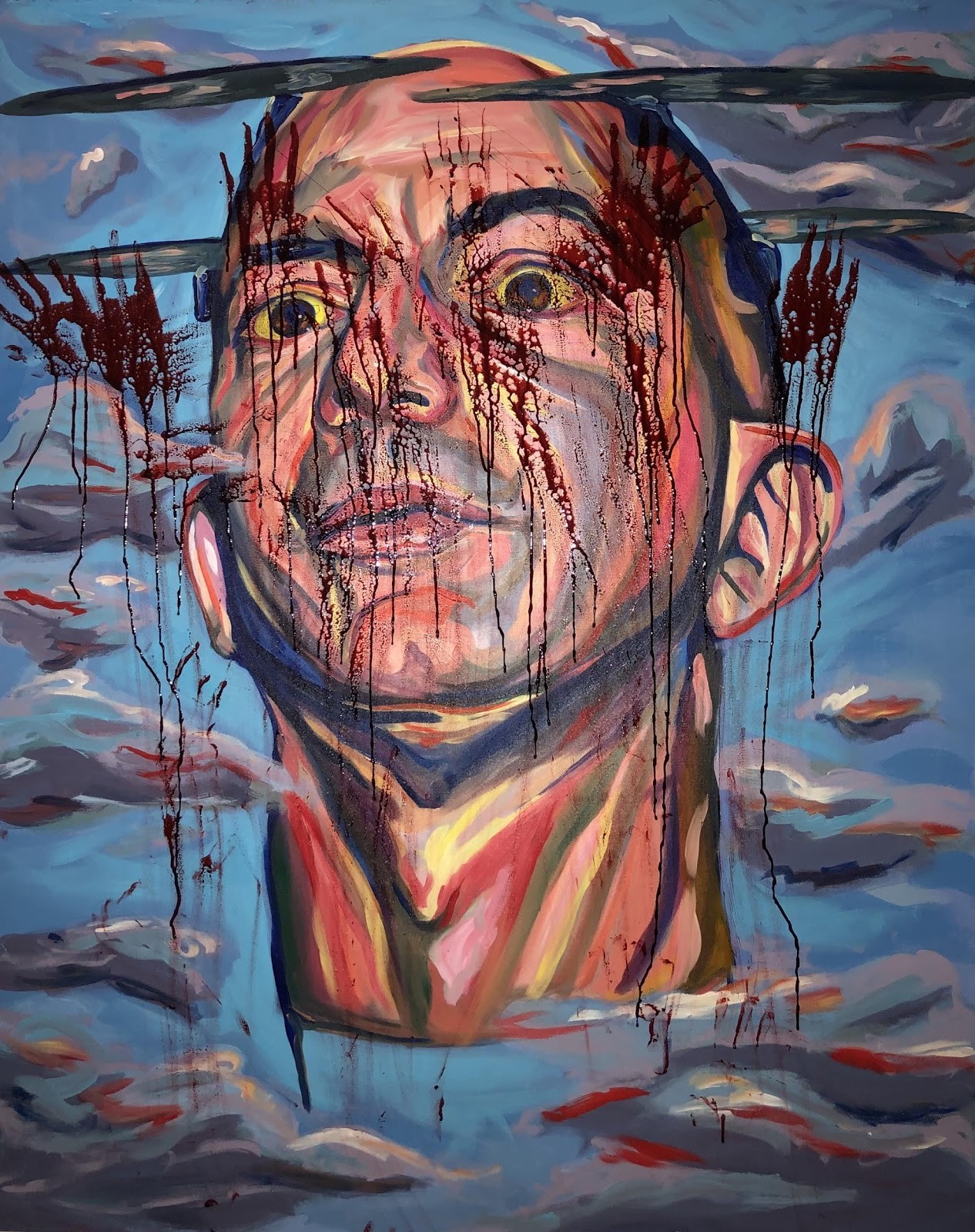 Painting of Jeff Bezos' head patrolling the sky